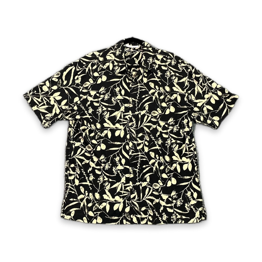 Geoffrey Beene Camp Shirt Mens Large Black Floral Silk Blend Button Up Hawaiian